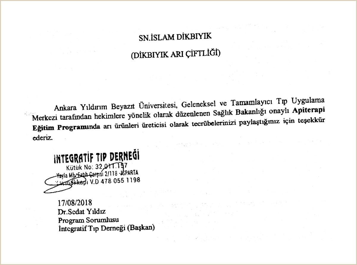 İntegratif Tıp Derneği'nin Dikbıyık Arı Çiftliği'ne 17 Ağustos 2018 tarihli apiterapi eğitim programı teşekkür yazısı
